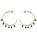 Boucles d'oreilles créoles ouvertes en forme de chaîne en acier doré avec pampilles de perles de couleur noire. Créoles Pendantes Perle Rond  Adolescent Adulte Femme Fille Indémodable 