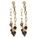 Boucles d'oreilles créoles ouvertes en forme de chaîne en acier doré avec pampilles de perles de couleur noire. Créoles Pendantes Perle Rond  Adolescent Adulte Femme Fille Indémodable 