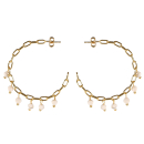 Boucles d'oreilles créoles ouvertes en forme de chaîne en acier doré avec pampilles de perles de couleur blanche. Créoles Pendantes Perle Rond  Adolescent Adulte Femme Fille Indémodable 