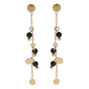 Boucles d'oreilles pendantes composées d'une chaîne avec pampilles fleurs en acier doré et de perles de couleur noire. Pendantes Perle  Adolescent Adulte Femme Fille Fleurs Indémodable 