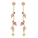 Boucles d'oreilles pendantes composées d'une chaîne avec pampilles fleurs en acier doré et de perles de couleur rose. Pendantes Perle  Adolescent Adulte Femme Fille Fleurs Indémodable 
