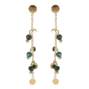 Boucles d'oreilles pendantes composées d'une chaîne avec pampilles fleurs en acier doré et de perles de couleur verte. Pendantes Perle  Adolescent Adulte Femme Fille Fleurs Indémodable 