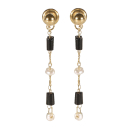 Boucles d'oreilles pendantes composées d'une puce boule et d'une chaîne en acier doré, des perles de nacre et des perles tubes de couleur noire. Pendantes Perle  Adolescent Adulte Femme Fille Indémodable 