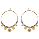 Boucles d'oreilles créoles avec perles et pampilles rondes en acier doré, perles de couleur noire et une étoile en acier doré sertie d'un cristal. Créoles Etoile Pendantes Perle Rond  Adolescent Adulte Femme Fille Indémodable Nature 