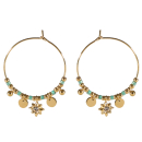 Boucles d'oreilles créoles avec perles et pampilles rondes en acier doré, perles de couleur verte et une étoile en acier doré sertie d'un cristal. Créoles Etoile Pendantes Perle Rond  Adolescent Adulte Femme Fille Indémodable Nature 