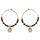 Boucles d'oreilles créoles avec perles en acier doré, perles de couleur noire et une goutte en acier doré sertie d'un cristal. Créoles Goutte Pendantes Perle Rond Strass  Adolescent Adulte Femme Fille Indémodable 