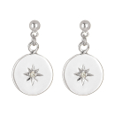 Boucles d'oreilles pendantes composées d'une puce boule et d'une pastille ronde avec le motif d'une étoile en argent 925/000 rhodié et sertie d'un oxyde de zirconium blanc. Etoile Pendantes Rond Strass  Adolescent Adulte Femme Fille Indémodable Nature 