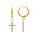 Boucles d'oreilles créoles en plaqué or jaune 18 carats avec pendant en forme de croix pavée d'oxydes de zirconium blancs. Créoles Croix Pendantes Strass  Adolescent Adulte Femme Fille Indémodable Religion Symboles 