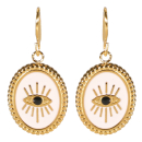 Boucles d'oreilles pendantes composées d'une pastille ovale avec œil de Turquie en acier doré et pavée d'émail de couleur blanche. Oeil Oeil de Turquie Ovale Pendantes  Adolescent Adulte Femme Fille Indémodable Symboles 