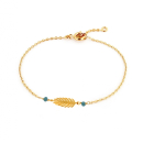 Bracelet avec feuille en plaqué or et deux perles de couleur turquoise. Feuille Perle Turquoise  Adolescent Adulte Femme Fille Indémodable Nature 