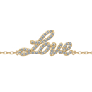 Bracelet composé d'une chaîne en plaqué or jaune 18 carats et du mot love pavé d'oxydes de zirconium blancs.<br/>Fermoir anneau ressort avec anneaux de rappel à 15 et 17 cm. Love Strass  Adolescent Adulte Amour Femme Fille Indémodable Message 
