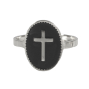 Bague avec croix en acier argenté et émail de couleur noire. Croix Ovale  Adolescent Adulte Femme Fille Indémodable Religion Symboles 