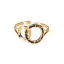 Bague fantaisie composée de deux cercles entrelacés en acier doré pavée en partie d'émail de couleur noir et serti d'un cristal de couleur noir.<br/>Taille ajustable. Cercle Rond  Adolescent Adulte Femme Fille Indémodable 