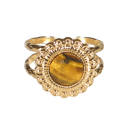 Bague en forme de fleur en acier doré surmontée d'une véritable pierre d'œil de tigre.<br/>Taille ajustable. Rond  Adolescent Adulte Femme Fille Fleurs Indémodable Nature 