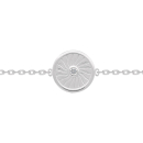 Bracelet composé d'une chaîne en argent 925/000 rhodié et d'une pastille avec rayons surmontée d'un oxyde de zirconium blanc.<br/>Fermoir anneau de ressort avec anneaux de rappel à 15 et 17 cm. Rond Strass  Adolescent Adulte Femme Fille Indémodable 