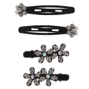 Set d'articles cheveux composé de 2 clic-clacs en métal noir surmontés d'une fleur en strass et de 2 pinces en métal noir surmontées de fleurs en strass. Lot  Adolescent Adulte Femme Fille Fleurs Indémodable 