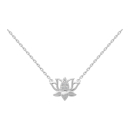 Collier composé d'une chaîne en argent 925/000 rhodié et d'un pendentif en forme de fleur de lotus pavé en partie d'oxydes de zirconium blancs.<br/>Fermoir anneau de ressort avec 4 cm de rallonge.  Adolescent Adulte Femme Fille Fleurs Indémodable Nature 