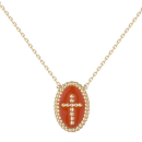 Collier en plaqué or 18 carats suspendu par un pendentif de forme ovale au contour et croix en relief sur émail de couleur rouge corail.<br/>Fermoir anneaux ressort avec rallonge de 3.5 cm pour l'adapter à votre envie.  Croix Ovale  Adolescent Adulte Femme Fille Indémodable Religion Symboles 