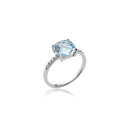 Bague en argent 925/000 rhodié sertie d'oxydes de zirconium blancs et griffée d'une pierre d'imitation bleue. Carré Solitaire  Adolescent Adulte Femme Fille Indémodable 