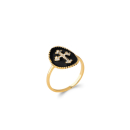 Bague motif croix en plaqué or jaune 18 carats avec émail de couleur noire et sertie d'oxydes de zirconium blancs. Croix Ovale Strass  Adolescent Adulte Femme Fille Indémodable Religion Symboles 