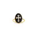 Bague motif croix en plaqué or jaune 18 carats avec émail de couleur noire et sertie d'oxydes de zirconium blancs. Croix Ovale Strass  Adolescent Adulte Femme Fille Indémodable Religion Symboles 