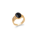 Bague triple rangs en plaqué or 18 carats pavés d'oxydes de zirconium surmontée d'une véritable pierre d'agate noire sertie 4 griffes de forme ovale.<br/>L'agate représente l'équilibre et l'harmonie. Elle est symbole de force et de soutien dans les moments difficiles en recentrant les énergies. Pierre d'ancrage à la terre, elle aide à disperser les énergies négatives et confère stabilité et confiance de soi. Ovale Strass  Adolescent Adulte Femme Fille Indémodable 