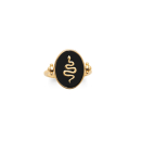 Bague en plaqué or 18 carats avec pastille réversible de forme ovale à double face, l'une lisse avec motif de serpent en relief et l'autre en émail de couleur noire et motif de serpent en relief. Ovale Serpent  Adolescent Adulte Animaux Femme Fille Indémodable 