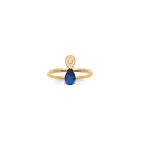 Bague en plaqué or jaune 18 carats surmontée d'une goutte pavée d'oxydes de zirconium blancs et d'une pierre de couleur bleue sertie 3 griffes en forme de goutte. Goutte Strass  Adolescent Adulte Femme Fille Indémodable 
