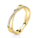 Bague en forme d'anneaux entrelacés en acier doré pavée en partie d'oxydes de zirconium blancs. Strass  Adolescent Adulte Femme Fille Indémodable 