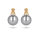 Boucles d'oreilles pendantes fermoir clip en plaqué or jaune 18 carats surmontées d'une perle de Majorque d'imitation de couleur grise. Boule Pendantes Perle  Adolescent Adulte Femme Fille Indémodable 