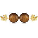 Boucles d'oreilles puces en plaqué or jaune 18 carats surmontées d'une perle en véritable pierre d'oeil de tigre. Boule Perle Puce Rond  Adolescent Adulte Femme Fille Indémodable 