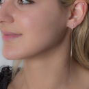 Boucles d'oreilles pendantes composées d'une puce sertie clos d'un oxyde de zirconium blanc et d'une chaînette maille serpent en argent 925/000 rhodié. Pendantes Rond Strass  Adolescent Adulte Femme Fille Indémodable 