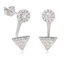 Boucles d'oreilles pendantes en argent 925/000 rhodié composées d'une puce ronde pavée d'oxydes de zirconium blancs surmontée d'un oxyde de zirconium blanc serti griffes et d'un pendant triangle pavé d'oxydes de zirconium blancs.<br/>Positionnement du pendant sur 3 hauteurs. Pendantes Rond Strass Triangle  Adolescent Adulte Femme Fille Indémodable 