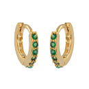 Boucles d'oreilles créoles en plaqué or jaune 18 carats pavées d'oxydes de zirconium verts. Créoles Pendantes Strass  Adolescent Adulte Femme Fille Indémodable 