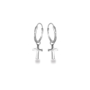 Boucles d'oreilles créoles avec pendant en forme de croix en argent 925/000 rhodié. Créoles Croix Pendantes  Adolescent Adulte Femme Fille Indémodable Religion 