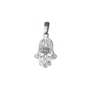 Pendentif main de Fatma en argent 925/000 rhodié surmonté d'un oxyde de zirconium blanc serti clos de forme ronde. Fatma Main Rond Strass  Adolescent Adulte Femme Fille Indémodable Symboles 