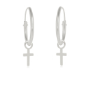 Boucles d'oreilles créoles fermées avec croix pendante en argent 925/000 rhodié. Créoles Croix  Adolescent Adulte Femme Fille Indémodable Religion Symboles 